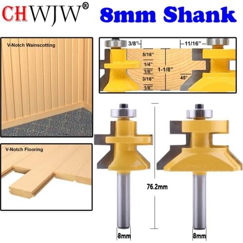 CHWJW 2PC 8mm Shank V Groove & Matched Tongue Router Bit Set w/ premium ball bearings Woodworking cutter