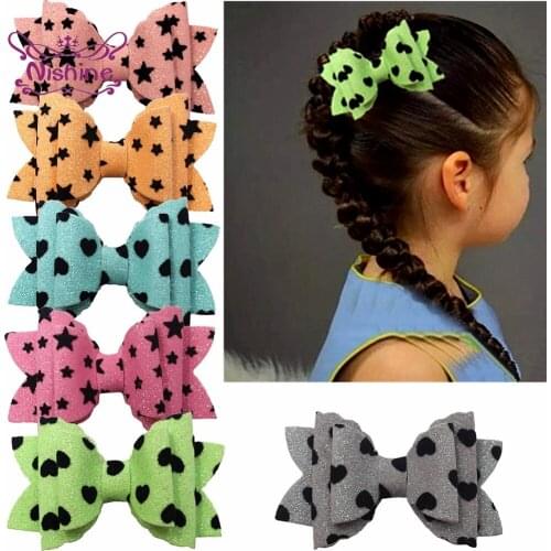 Nishine 9*5.5 CM Glitter Sequins Bows Infant Hair Clip with Stars Pattern Handmade Dovetail Bowknot Toddler Hairpin DIY Headwear