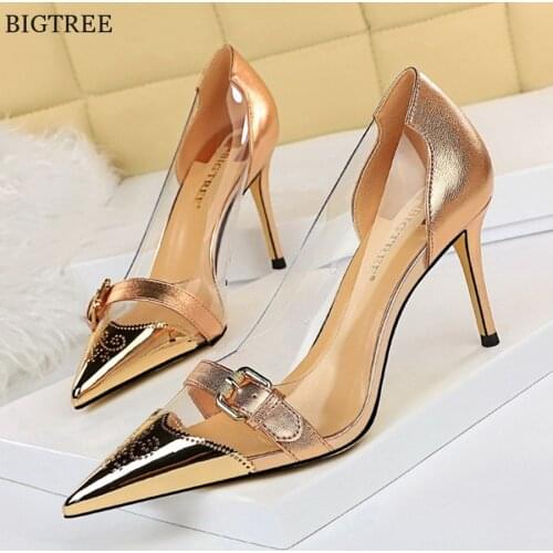 2021 Autumn Pointed Female Fashion Metal Belt Buckle Pumps Women Party Sexy Transparent PVC Shallow High Heels Lady Office Shoes