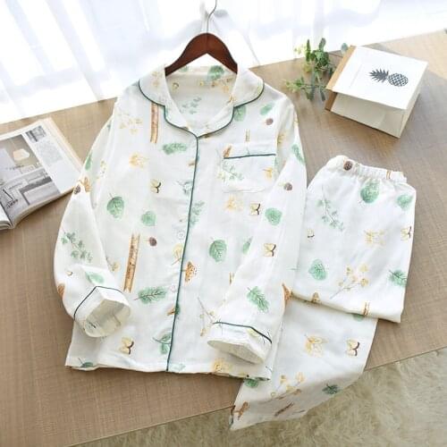 New Pyjamas Women Turn-down Neck Shirt+Pants Comfort Nature Sleepwear Two Piece Set Ladies Pajama Set Cotton Cartoon Lounge Wear