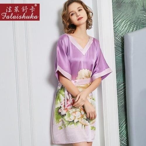 Plus Plus size dolman sleeved 100% silk women nightgowns Hand painted Lotus flower sleepdress natural silk nightdress S5651