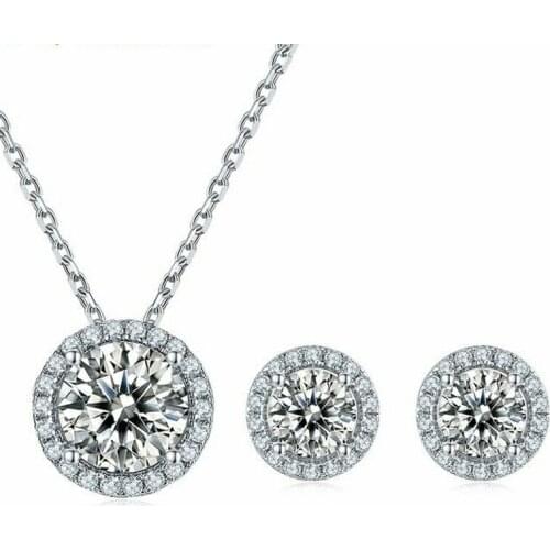 OTIY 925 Sterling Silver White Gold Rhodium Plated Round VVS Moissanite Women Wedding Engagement Diamond Jewelry Necklace Set