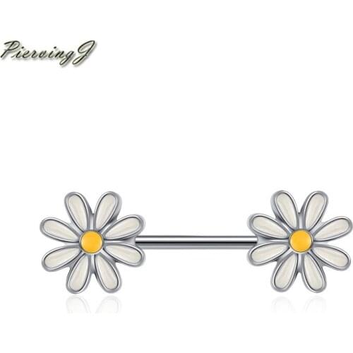 PiercingJ Womens Girls Surgical Steel Nipple Rings Bar Barbell Sexy Nipple Piercing Jewelry 14G Unique Daisy Flower Design