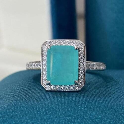 Charms 100% 925 Sterling Silver 8*10mm Paraiba Tourmaline Blue Stone Aquamarine Diamond Wedding Engagement Stamp Rings For Girls
