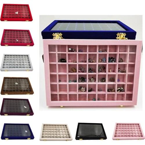 Velvet Jewelry TRay Lockable Box Ring Gemstone Diamond Storage w/ Glass Lid Case