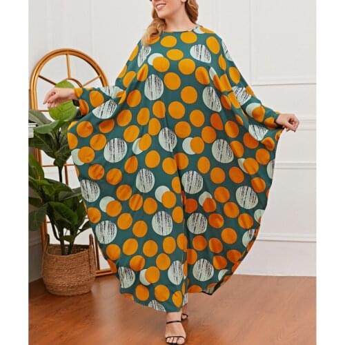 Casual Polka Dot Print Batwing Sleeve Long Dress For Women Elegant Robe African Clothes Dashiki Female Loose Maxi Dress Green