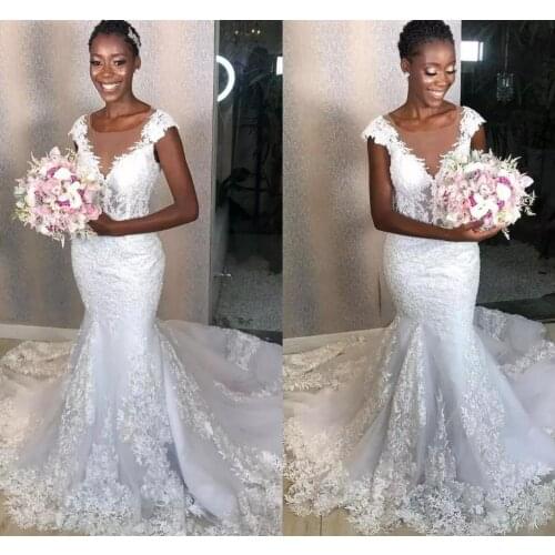 Mermaid Wedding Dress African Women Cap Short Sleeve Lace Appliques Bridal Gowns Sheer Neck Customsize Long Fashion Wedding