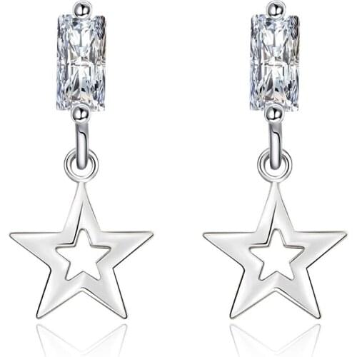 ModaOne Star Pentagram Bling Cubic Zirconia Silver Color Drop Earrings For Women Trendy Chandelier Glitter Shiny Dangle Jewelry