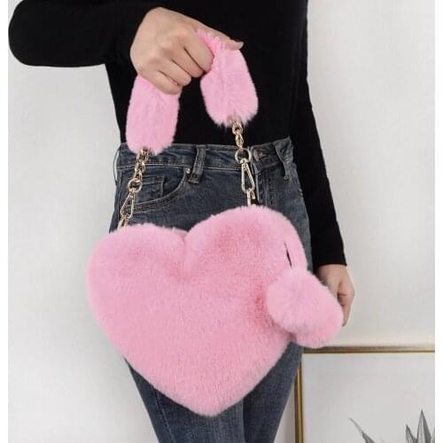 Faux Plush Heart Shaped Shoulder Bag For Girls Cute Clutch Purse Women Handbag Chain Messenger Bag Ladies Crossbody Bag
