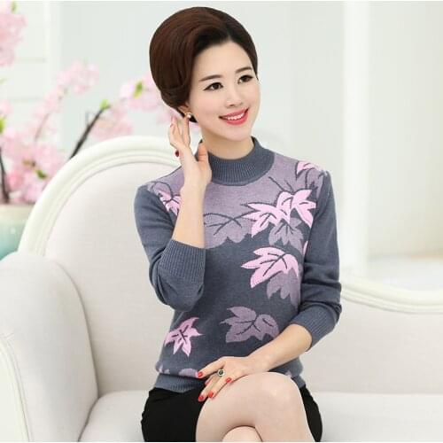 Middle Aged Women Sweater And Pullovers Autumn Winter Knitted Sweatrers Female Turtleneck Leaves Printed Slim Sexy Elastic Tops