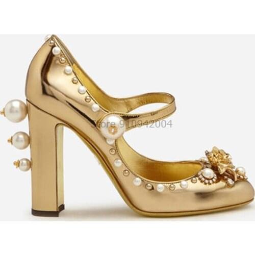 Beading Pearl On High Heel Banquet Gold Shoes Woman Rose Flower Rivet Ball Patent Leather New Spring Women Chunky High Heels
