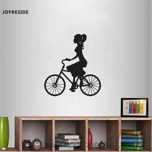 JOYRESIDE Girl Riding Vintage Bicycle Wall Decal Vinyl Sticker Sports Cycling For Girls Bedroom Decor Art Home Decoration A0334