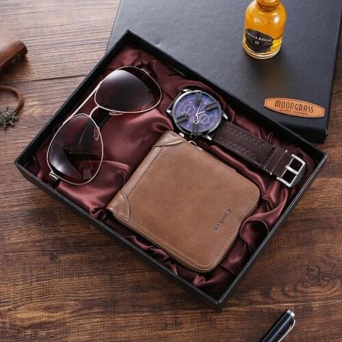 XSVO Fashion Classic Mens Watch Gift Box Set Wallet + Glasses + Creative Quartz Watches Leather Business Men Wristwatches