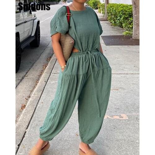 Women 2 Pieces Sets Solid Linen Short Sleeve Top Tee & Pants Set Office Lady Overalls