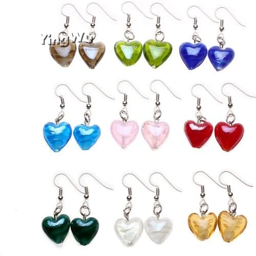 YingWu 9Pairs Heart Womens Beauty Mix Color Hand-made Murano Glass Womens Romatic Silver Plated Classic Dangle Earrings