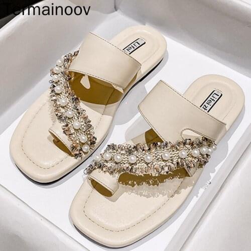 Termainoov Women Slippers Fashion Beige Beach Shoes Women Slidders Plus Size 43 Pearl Flip Flops Female Flat Shoes Slippers