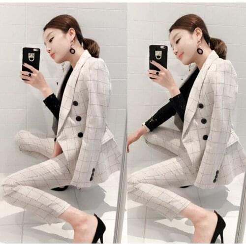 Work Office Pants and Jackets 2 Pieces Women Blazer Suit 2018 Autumn Vintage White Plaid Business Formal Suits For Women TB13
