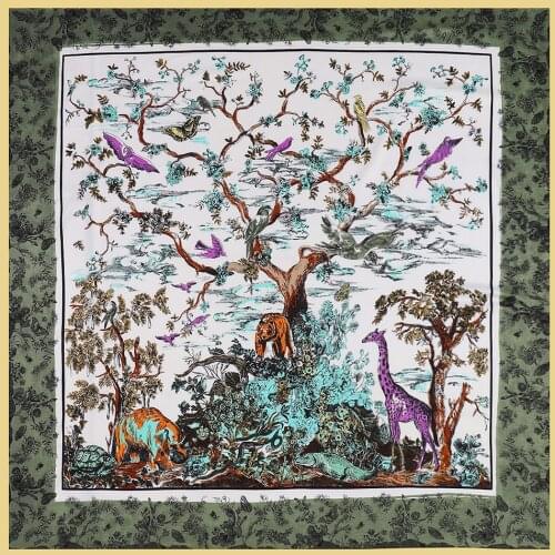 130cm Luxury Brand Scarf New Design Zoo Twill 100% Silk Scarf Women Square Scarves Kerchief For Ladies Bandana Shawl Echarpe