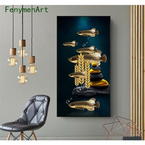 Abstract Golden Swimming Fish Canvas Painting Fish Tank Landscape Canvas Wall Art Pictures Nordic Posters Prints Room Home Decor