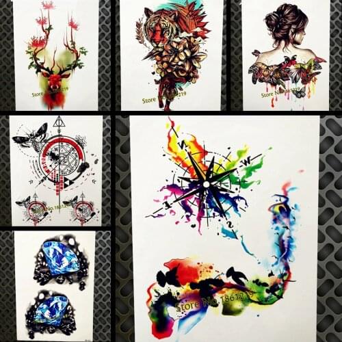 Watercolour Compass Temporary Tattoo Sticker Women Men Body Art Arm Tatoo Butterfly Water Color 21*15CM Henna Fake Flash Tattoo