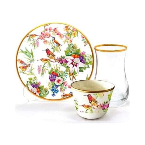 Drop Efe Tea & Arabian Coffee Cup Set 18 Pieces Bird Garden