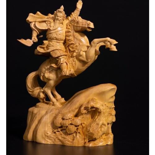 15CM Guan Yu Wood Statue Boxwood Carving Wealth God Lucky Riding Guan Gong Feng Shui Fortune Town Home Decoration