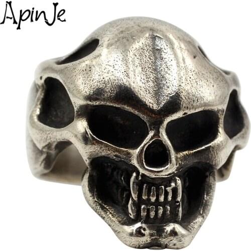 Apinje Vintage 925 Sterling Silver Ring for Men Gothic Biker Skull Head Rings Man Real Silver Punk Jewelry