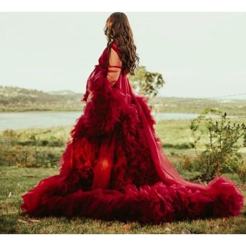 Red Luxury Maternity Gowns For Babyshower V Neck Puffy Ruffles Maternity Gown Photography Pregnancy Women Prom Party Wear