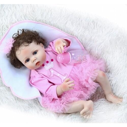 Curly hair rooted full body silicone reborn baby doll 23" 57cm pink girl bebe reborn bonecas can bathe kids gift