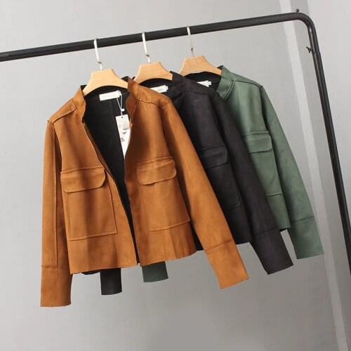 Womens Coat Jacket Spring Autumn Short Deerskin Jacket Stand Collar Pocket Cardigan Jackets Ladies fashion Large Size Outerwear