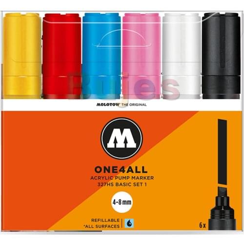 Molotow ONE4ALL Acrylic Paint Marker, 4-8mm, 327HS 6 color Basic Set 1, Works on Almost Every Surface
