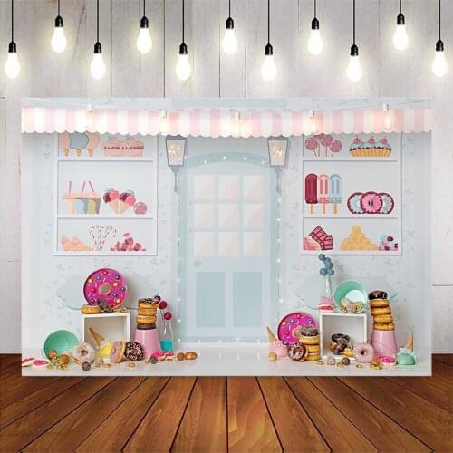 Candy Bar Ice Cream Parlor Celebration Background Baby 1st Birthday Donut Party Banner Photography Backdrop for Photo Booth Prop