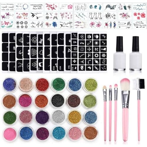 182pcs Glitter Tattoo Set 24 Colors 30 Uniquely Themed Temporary Stickers 120 Patterns Hollow Mold for Kids Teens Adult