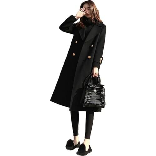 Womens Woolen Coat Black Midi Long Section Listing Lady Long Sleeve Jacket Winter Double Button Coats Outwear Streetwear WZ936