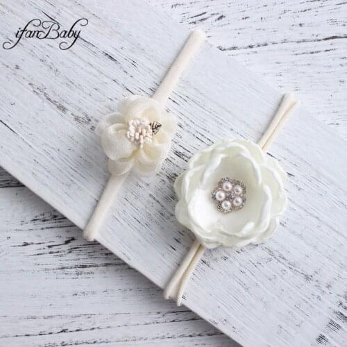 Ivory soft nylon flower headband 2 piece a set Burn flower with Organza lace rhinestone flower headband for baby kids girl