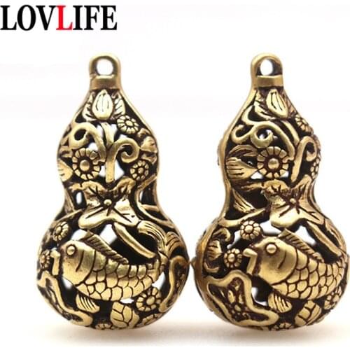 Retro Brass Hollow Fish Gourd Keychain Pendant Pure Copper Keyrings Hangings Lucky Jewelry Car Key Chain Rings Pendants Trinkets