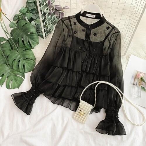 2019 spring new womens o-neck beading single-breast layer ruffles lantern sleeve chiffon shirts blouses female elegant shirt