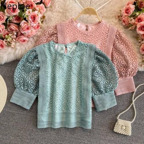 Neploevintage Women Blouses O-neck Puff Sleeve Crochet Floral Shirts Chic Hollow Out Blouse Lace Sweet Temperament Tops Femme