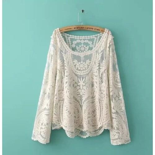 Loose Lace Hollow Out Women T-Shirts Long-Sleeved Loose Casual All Match Female Pulls Tops Tees