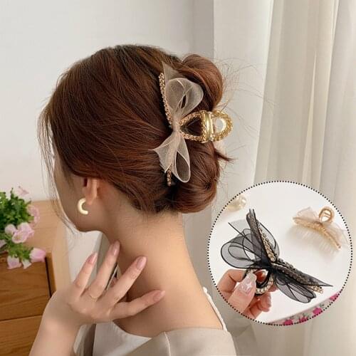 Women Net Yarn Bow Gentle Fairy Rhinestone Catch Clip Korea Elegant Claw Clips Hair Accessories Catch Clip Shark Clip