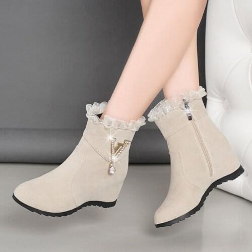 2020 New Fashion Woman Wedges Ankle Boots Increasing Height Shoes Gauze High Heels Booties Metal Rhinestone botas mujer 8786G