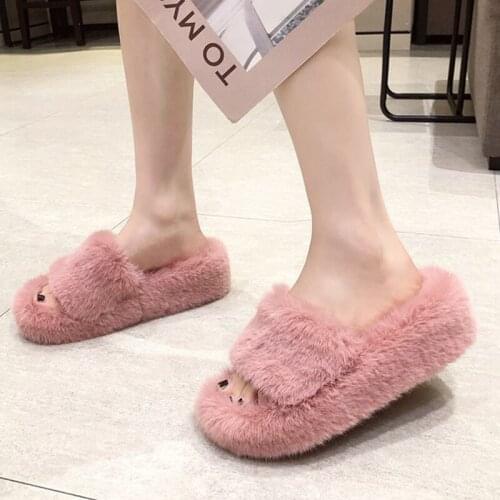 2020 Winter Hot Home Women Pink Fur Slippers Fashion Faux Fur Ladies Solid Color Plush Warm Thick Bottom Woman Furry Slippers