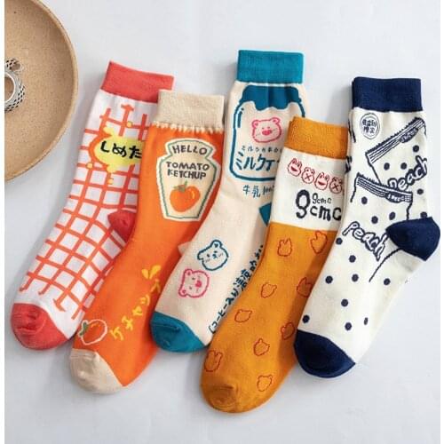 2021 Korean Style Autumn Cute Cartoon Print For Women Fashion Harajuku Funny Food Milk Trend Student Socks Streetwear