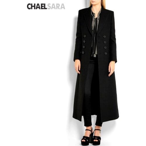 Vintage Military Style Turn Down Collar Wool Blends Coat Women Elegant Double Breasted Slim Long Woolen Coat Female