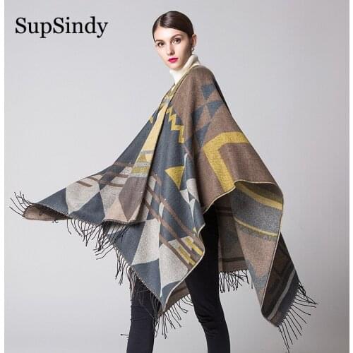 SupSindy Winter scarf bohemian Style Cape Thick warm Shawl wrap Cashmere wool scarves for women cloak Tassel Poncho female stole