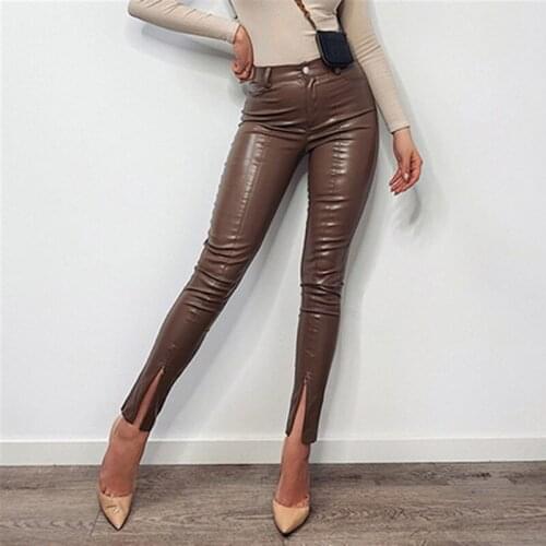 2021 Fashion PU Leather Pants Khaki Women Casual Zip Up Pencil Trouser Sexy Autumn Winter Ladies High Waist Pant Design