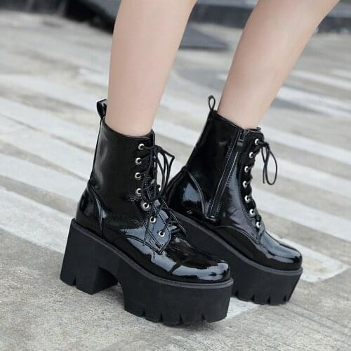 Demonia Boots Autumn Ankle Boots For Women Motorcycle Boots Chunky Heels Casual Lacing Round Toe Platform Boots Shoes Female