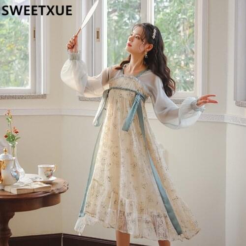 SWEETXUE Elegant Vingate Fairy Dress Women Kawaii Floral Lace Chiffon Patchwork Long sleeves loose Sweet Princess Vestido Mujer