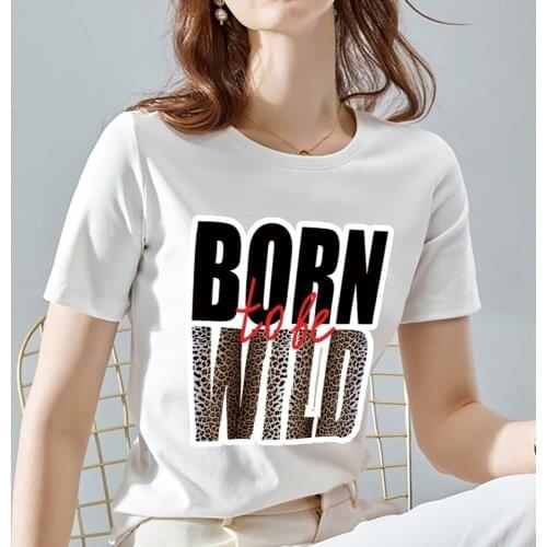 Womens Fashion Leopard Print Letter Series T-shirt Ladies Summer Short Sleeve T-shirt White Top Korean Street Soft Top Tees