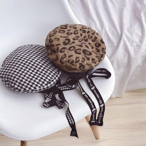 Personalized children beret hat fashion trendy boy and girl leopard pattern long ribbon navy hats toddler kids fashion caps